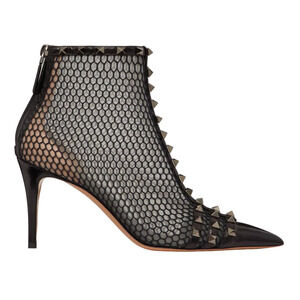 Valentino Rockstud Black Mesh Leather Stud Heel Pointed Toe Ankle Boot Bootie 37